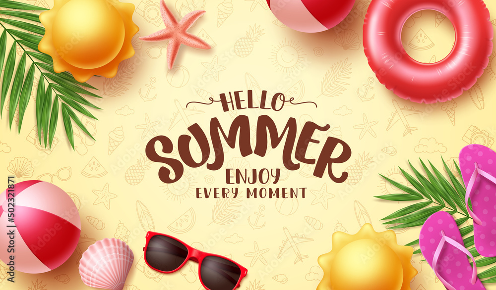 Aufkleber summer vector background design. hello summer greeting text in doodle pattern space with beach eleme