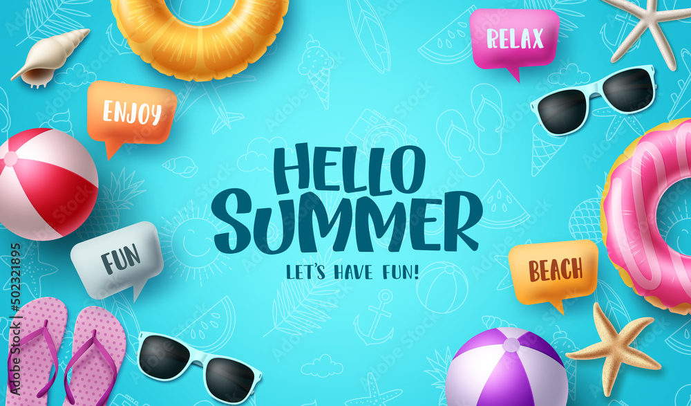 Aufkleber summer greeting vector design. hello summer text with colorful beach elements and speech bubbles for