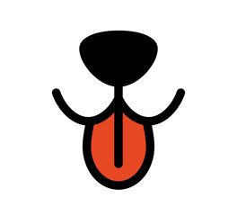 Dog face with tongue hanging out. Dog tongue, mouth and nose. Happy cat face with open mouth. Icon for pet shop. Vector illustration isolated on white background.