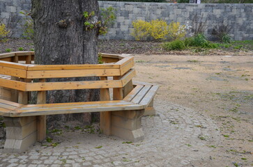 bench sitting round with wood paneling gray metal plate three seats around a tree around a gravel...