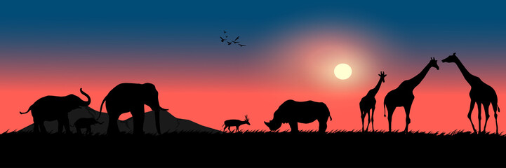 Fototapeta na wymiar graphics drawing landscape view outdoor animals elephant deer rhino giraffe with sunset on the ground for wallpaper background vector illustration