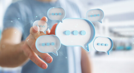 Man touching with his fingers digital speech bubbles talk icons. Minimal conversation or social media messages floating in front of businessman hand. 3D rendering