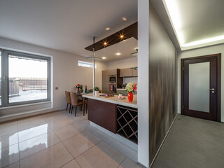 Modern interior of kitchen in luxury studio apartment.