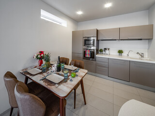 Modern interior of kitchen in luxury studio apartment.