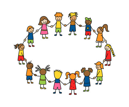 Happy doodle stick children holding hands. Hand drawn funny kids in circle. International friendship concept. Doodle children community. Vector illustration isolated on white background.
