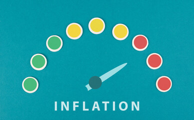 Fototapeta Inflation, financial crash, pointer of the speedometer indicates to the red part, economy development and increasing prices, high living costs
 obraz