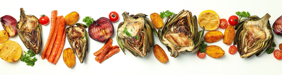 Concept of tasty food, grilled artichoke and vegetables