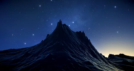 Foto op Plexiglas Fantastische ruimte landschapsmening vanaf het oppervlak van de planeet. Marsoppervlak van planeet, fantasie scherpe rotsen en bergen. Magische sterrenhemel, sterren van de planeet en sterrenstelsels in de lucht © angel_nt