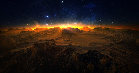 Fantastic space landscape view from surface of planet. Martian surface of planet, fantasy sharp rocks and mountains. Magical starry sky, stars of the planet and galaxies in sky © angel_nt