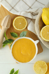 Fototapeta na wymiar Concept of tasty food, lemon curd, top view