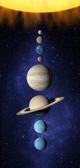 Fototapeta na wymiar Solar system planet space, sun Mercury Venus earth Mars Jupiter Saturn Uranus Neptune planet cosmos. Map of solar system 8 planets. 3d render