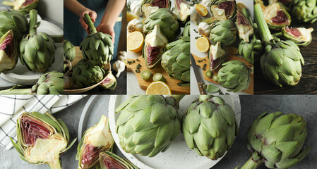 Collage of photos of cooking tasty artichoke