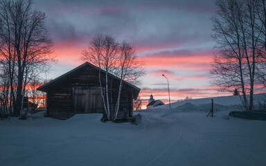 Sweden Jämtland (Lapland). The church of Storsjö, a cozy town next to Ljungdalen during blue...