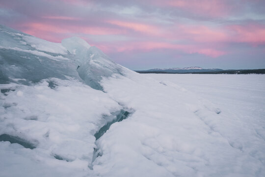 The melting ice floes stack on the coast of Lake storsjö. Signs of global warming? Sweden Jämtland (Lapland). 