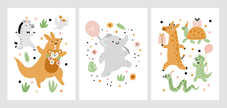 Birthday card with cute festive animals, gifts box, balloons, flowers. Print with celebration animals. Congratulation illustration for holidays. Childish milestone cards. Kids illustration set