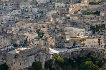 Panoramic view of Sassi di Matera a historic district in the city of Matera, well-known for their ancient cave dwellings from the Belvedere di Murgia Timone,  Basilicata, Italy