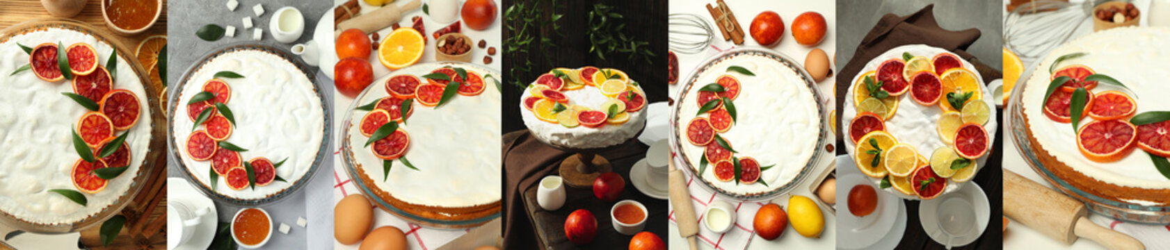 Collage of photos of meringue cake with citrus