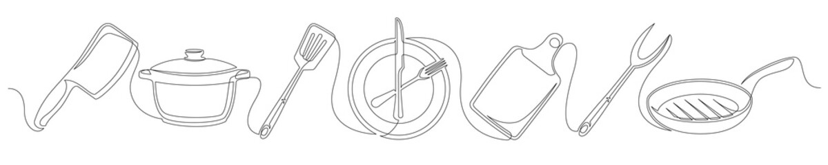Set of continuous one line drawing of a kitchen elements. Cooking elements isolated on a white background. Vector illustration