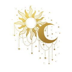 Union of day and night, vector icon with golden sun and crescent moon, vintage vector symbol isolated on white, flat hand drawn design. T-shirt print, tattoo.