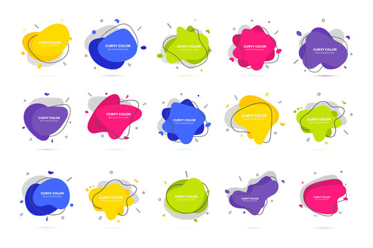 Modern liquid irregular amoeba blob shape abstract elements graphic flat style design fluid vector illustration set banner simple shape template for presentation, flyer, isolated on white background