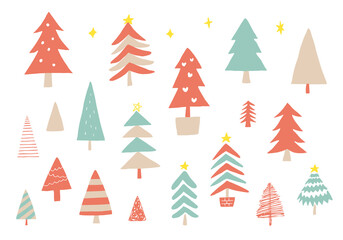 クリスマスツリーに使えそうな木の手描きイラスト（カラー/輪郭線なし）