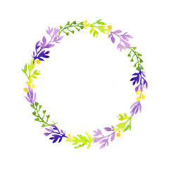 Fototapeta na wymiar wreath of stylized watercolor wildflowers and herbs on a white background.