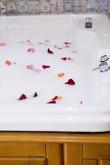 Jacuzzi tub decorated with rose petals. Romantic bath, aromatherapy with flower petals. Valentine's Day.