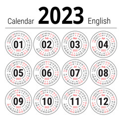 Calendar 2023. Vector English round calender. January, February, March, April, May, June, July, August, September, October, November, December. Sunday. Design template. Circle