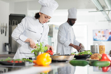 Head cook in professional kitchen cooking organic food while cutting fresh vegetables. Sous chef...