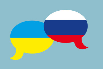 Zwei Sprechblasen in den Farben von Russland und der Ukraine. Konzept Dialog zwischen den Ländern oder Menschen - obrazy, fototapety, plakaty
