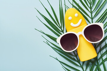 Yellow tube with happy sunscreen face and sunglasses. Sun Ultraviolet protection cosmetics product...