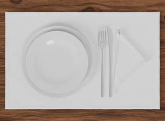 Blanc Placemat with Table Setting Mockup. Isolated Table Setting on Wooden Table. 3d Rendering