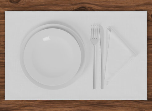 Blanc Placemat With Table Setting Mockup. Isolated Table Setting On Wooden Table. 3d Rendering