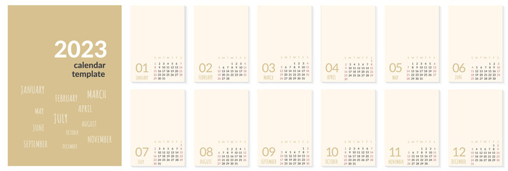 Vertical wall calendar template for 2023 year. Set of 12 months. Week starts on Sunday. Planner in minimalist style with place for photo. Vector editable corporate and business calendar page template - obrazy, fototapety, plakaty