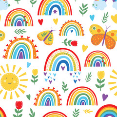 Cute bright rainbow and butterfky seamless pattern design on white background. Summer pattern in yellow.