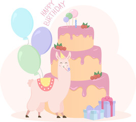 Birthday illustration Birthday cake and cute llama Vector illustration for a poster or postcard
