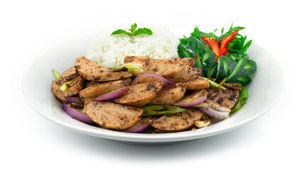 Stir Fried Vietnamese Pork Sausage with Black peppers Served Rice