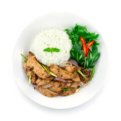 Stir Fried Vietnamese Pork Sausage with Black peppers Served Rice