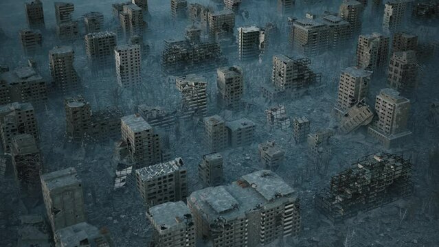Destroyed houses after the bombing of the city. Completely destroyed city by war. Looped 3d animation