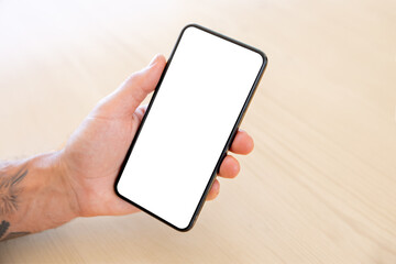 Person holding mobile phone in hand, blank white screen mockup
