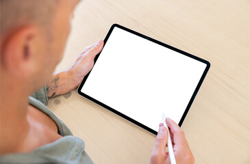 Person using stylus pen with tablet computer, blank white screen mockup
