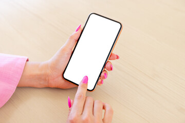 Woman holding phone in hands, blank white screen mockup