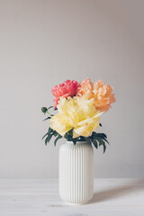 Beautiful bunch of fresh colorful peonies in full bloom in vase against white background. Copy space for text. Minimalist floral still life with blooming flowers.