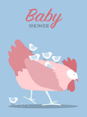 Hen with chicken.Design for baby shower invitations cards.Cute animal,poster,greeting,template,Vector illustrations.