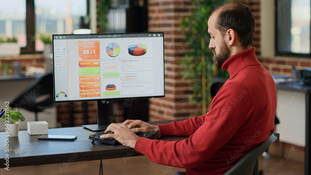 Poster office worker analyzing executive project to create research statistics, using management analysis o