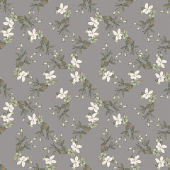 Hand draw bloom wildflowers. Cute floral abstract background seamless pattern.Botanical flowers wallpaper. Vector illustration graphic design fashion,textile, wrapping,print. Trendy grey pastel colors