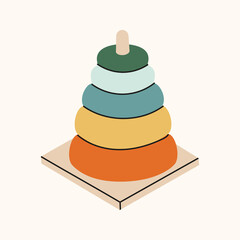 Wooden pyramid with colorful elements on a stand. Component of Montessori learning development. Game for kindergarten. Vector hand drawing