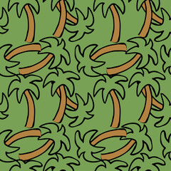 Seamless palm pattern. Colored palm background. Doodle tropic pattern with green palms. Vintage palms pattern