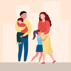 Banner of cartoon dad mom girl and boy in yellow-blue colors. Vector illustration.