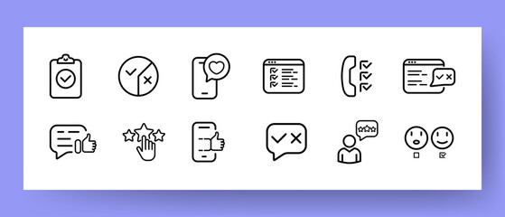 Feedback set icon. Clipboard, chart, heart, like, checkmarks, stars, thumbs up, emoji, reviews, etc. Vector line icon for Business and Advertising